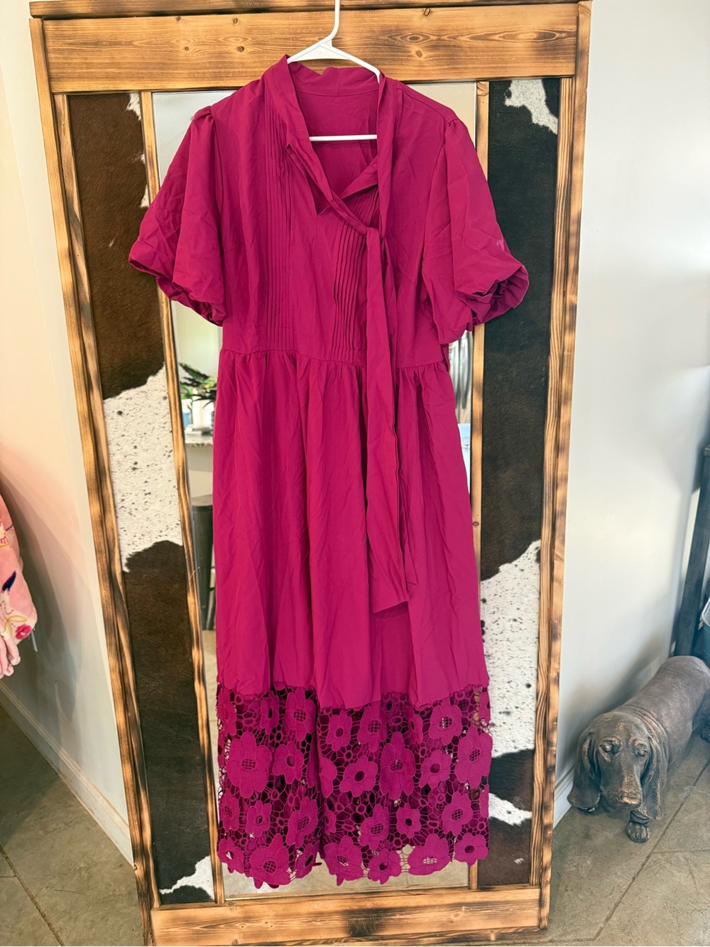 SHEIN Fuchsia Tie-Neck Midi Dress with Lace Hem